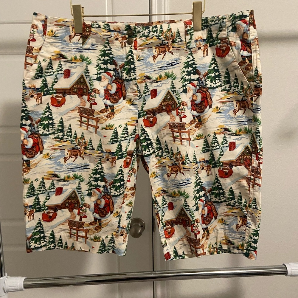 Santa Printed Loudmouth Women's Festive Print Shorts - Cream,Red,green.